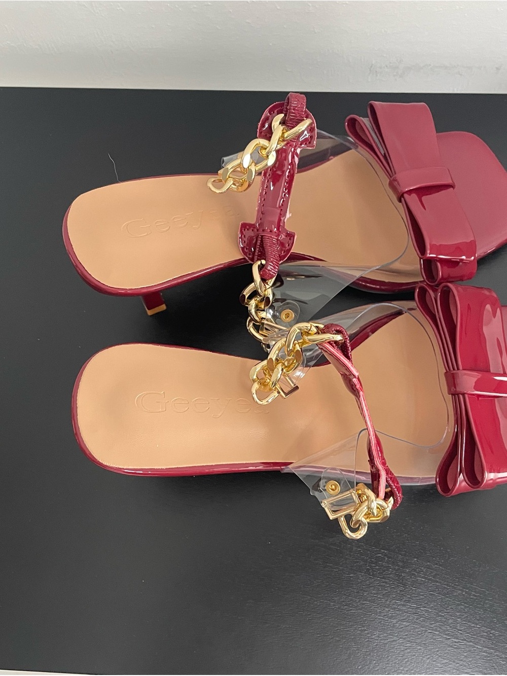Women's Red Patent Bow Slide Sandals with Gold Chain